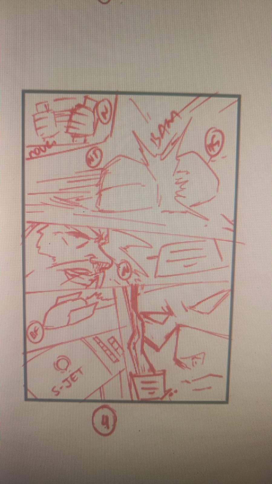 Original red-line HUNTER-F storyboard studying a machine and Captain Falcon.